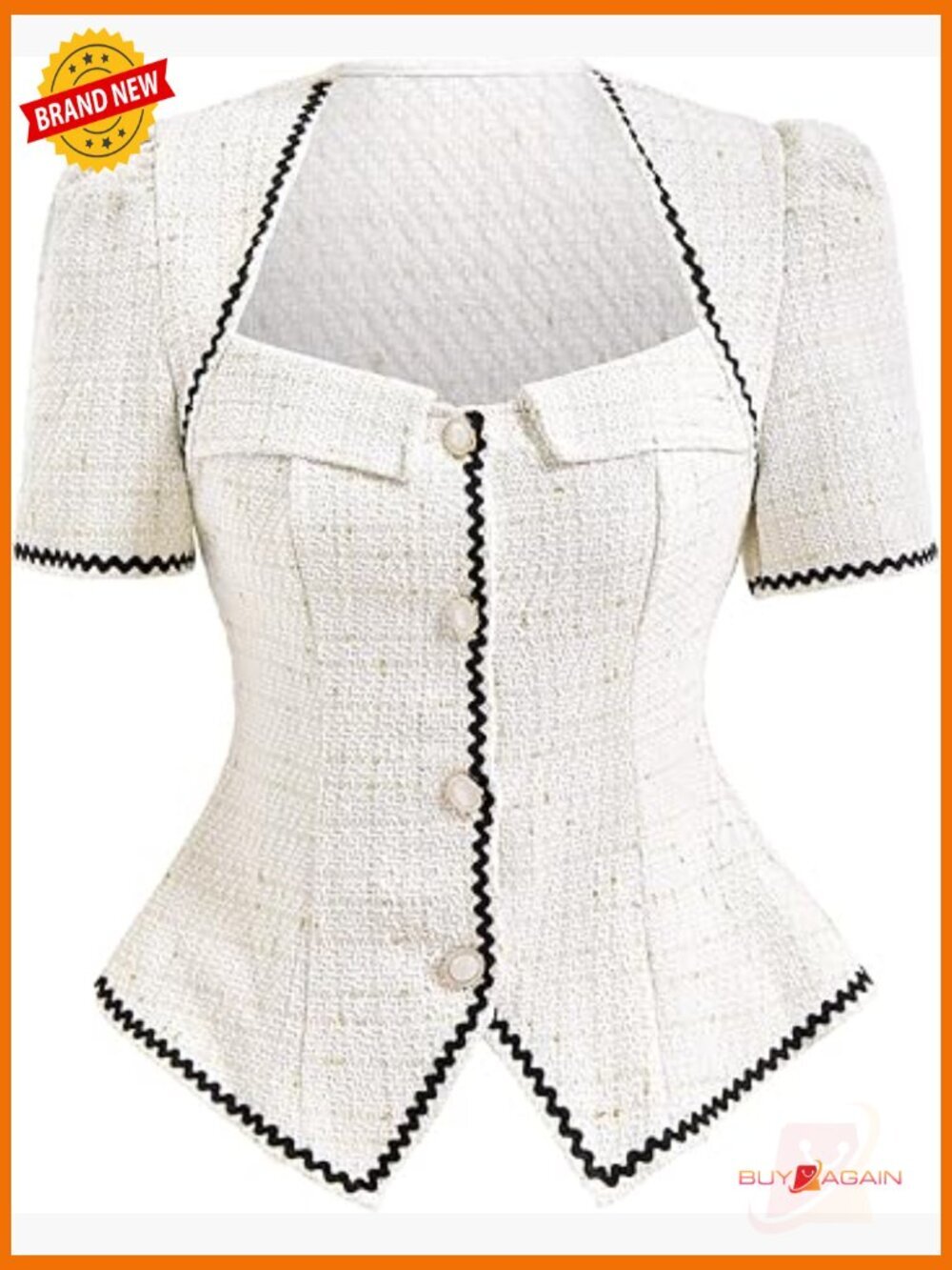 Puff Sleeve Tweed Blouse Elegant Button Down Business Casual Top - Picture 1 of 6